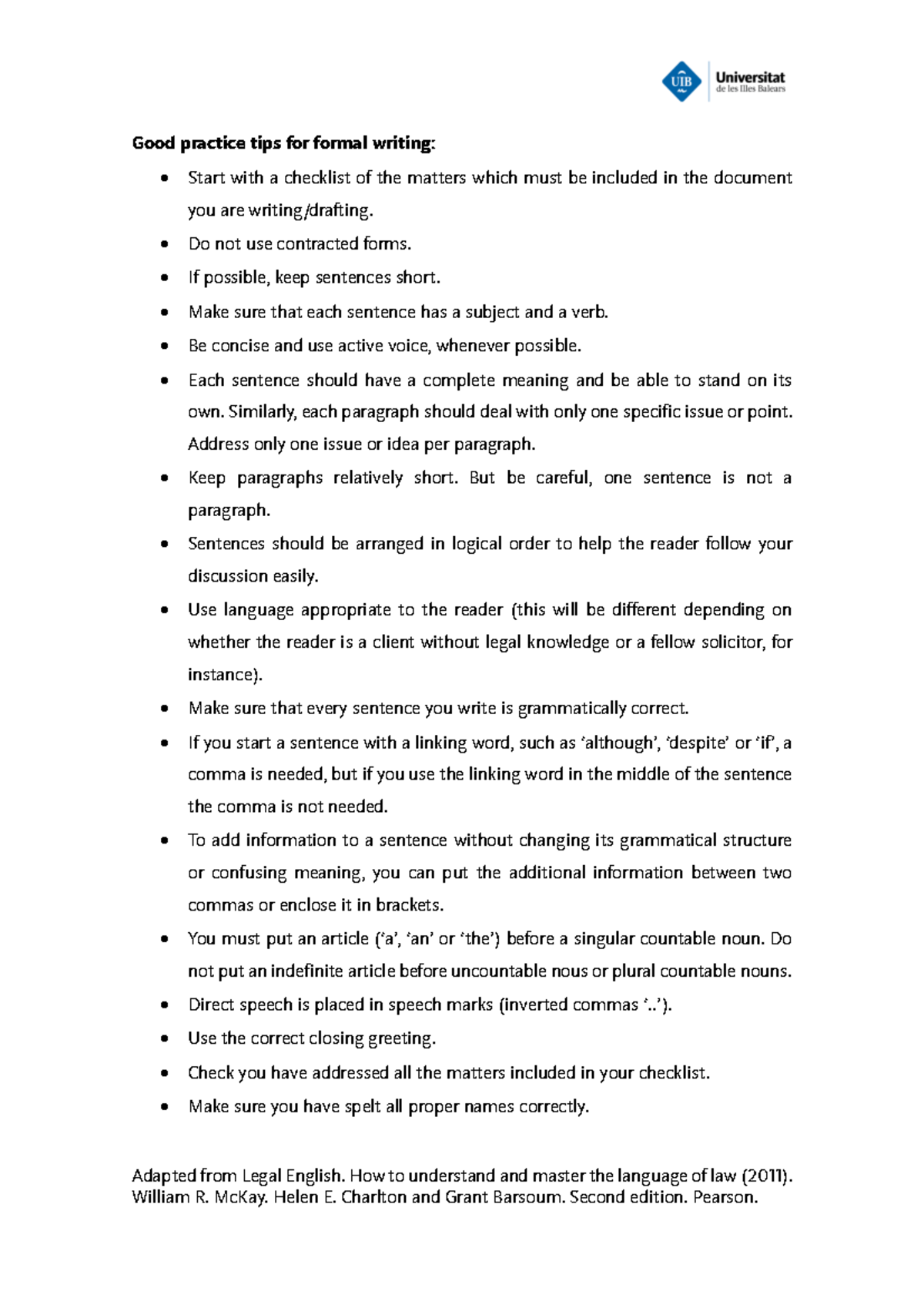 Effective Formal Writing Tips: A Checklist for Legal English - Studocu