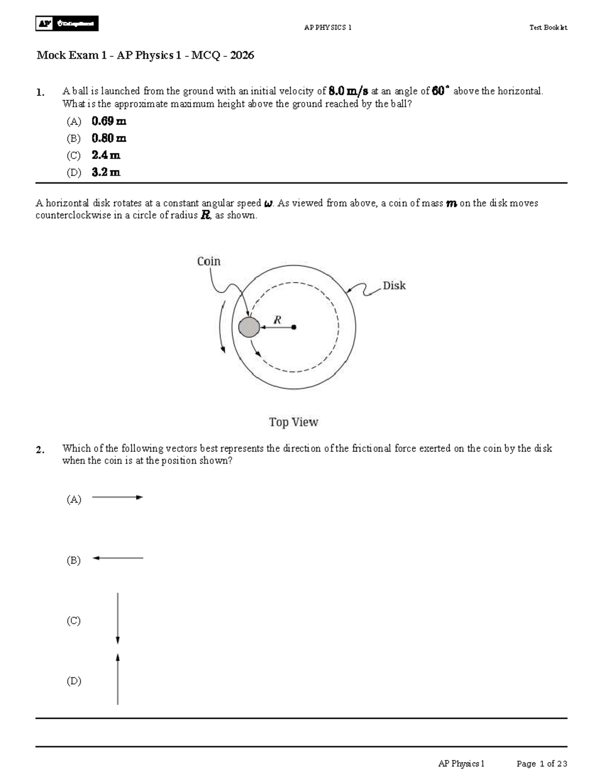 AP PHYSICS 1 Mock Exam 1 - MCQ Questions & Answers 2026 - Studocu
