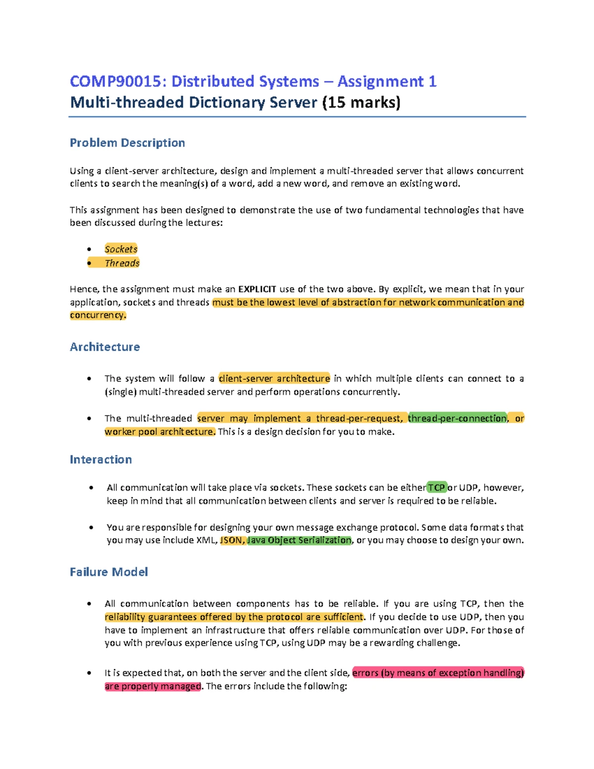 COMP90015: Distributed Systems – Assignment 1 Report on Multi-threaded ...