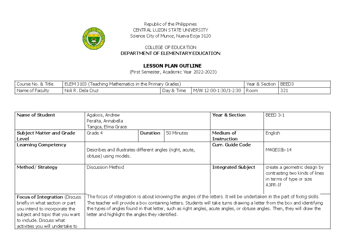 ELEM 3103 Lesson Plan Outline: Teaching Angles in Grade 4 Math - Studocu