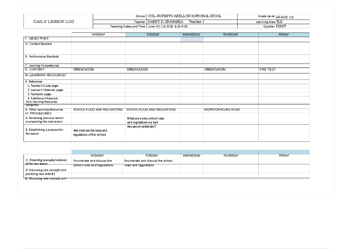 TLE G10 Daily Lesson Log: Carpentry and Safety Guidelines - Document Preview