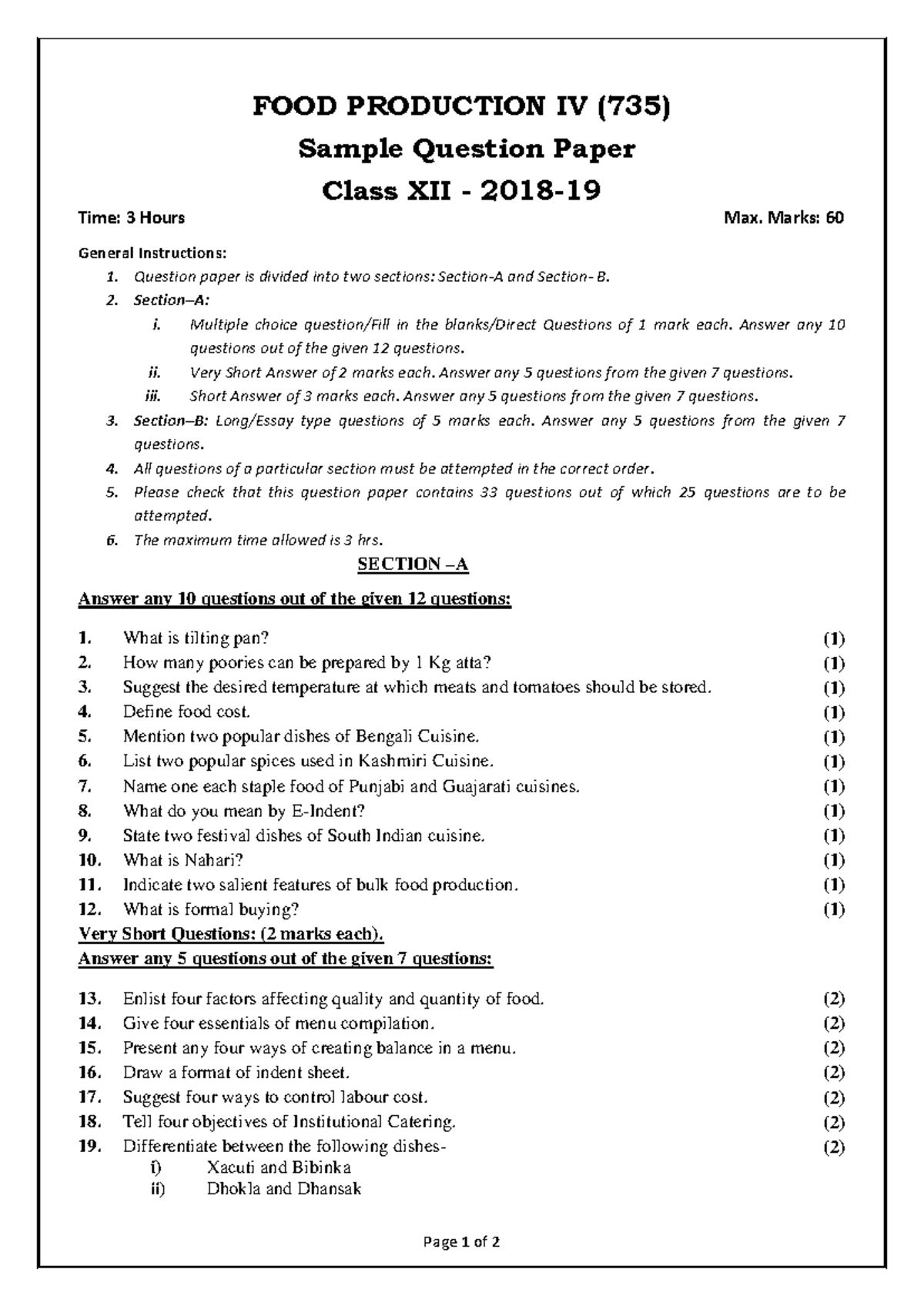 735 FOOD PRODUCTION IV Sample Question Paper Class XII - Studocu