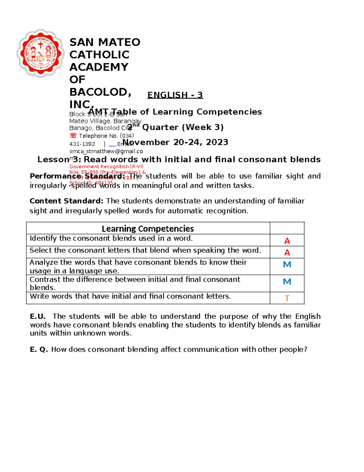 ENGLISH 3 - AMT Lesson 3: Consonant Blends (Q2, Nov 20-24, 2023) - Studocu