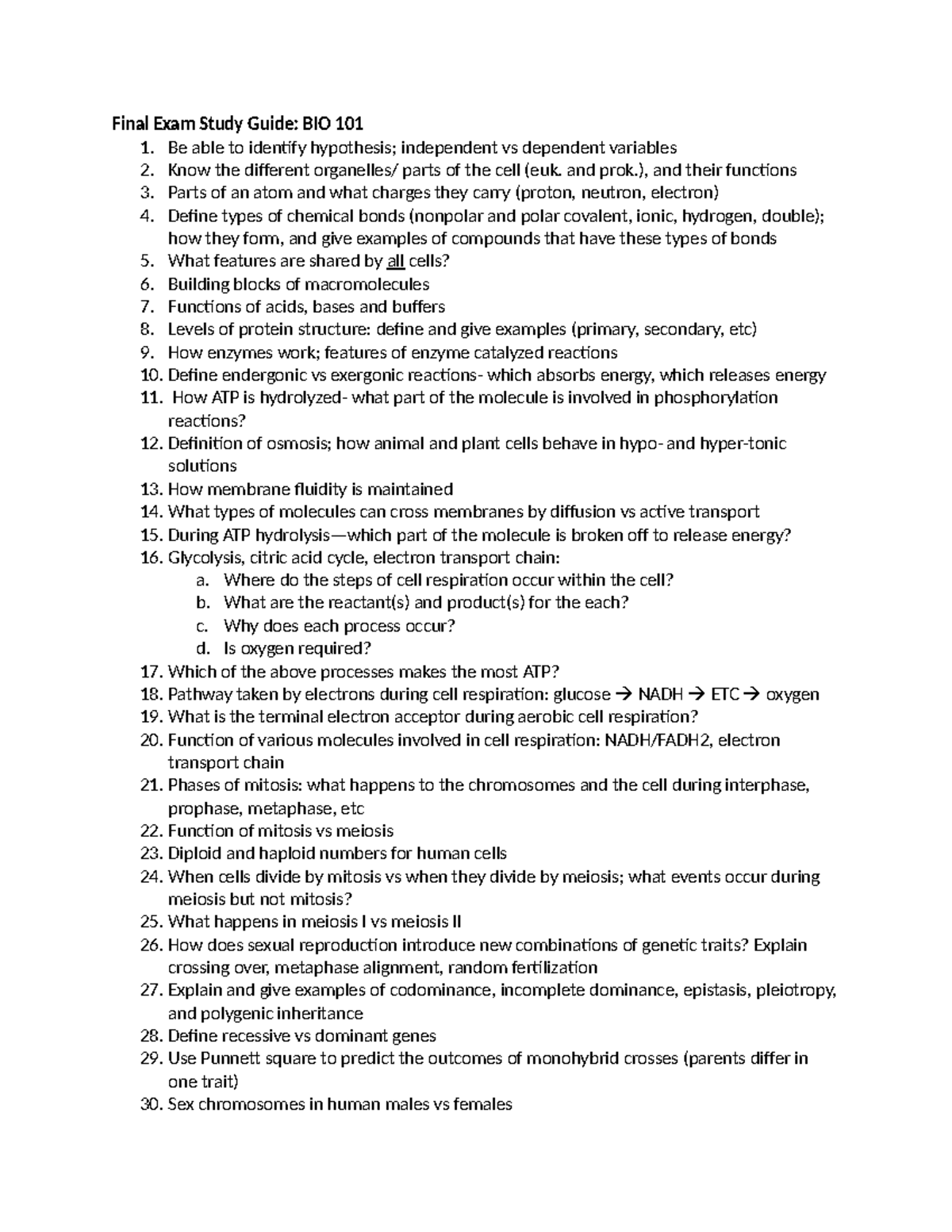Final Exam Study Guide: Essential Topics for BIO 101 Review - Studocu