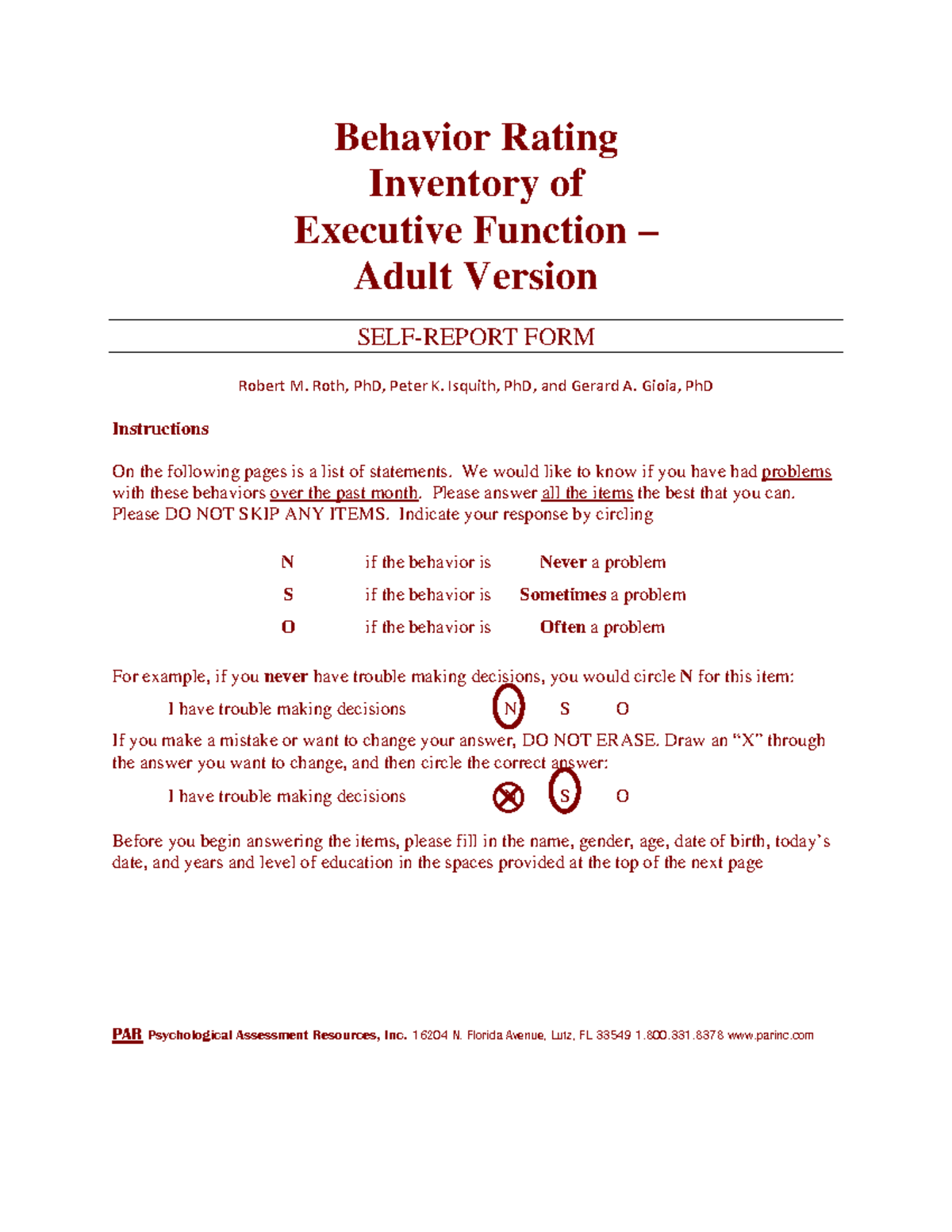Behavior Rating Inventory of Executive Function: Adult Version (BRIEF-A ...