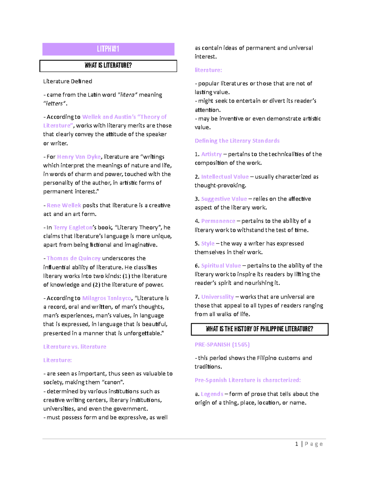 LITPHW 1 - Comprehensive Literature Notes and Definitions - Studocu