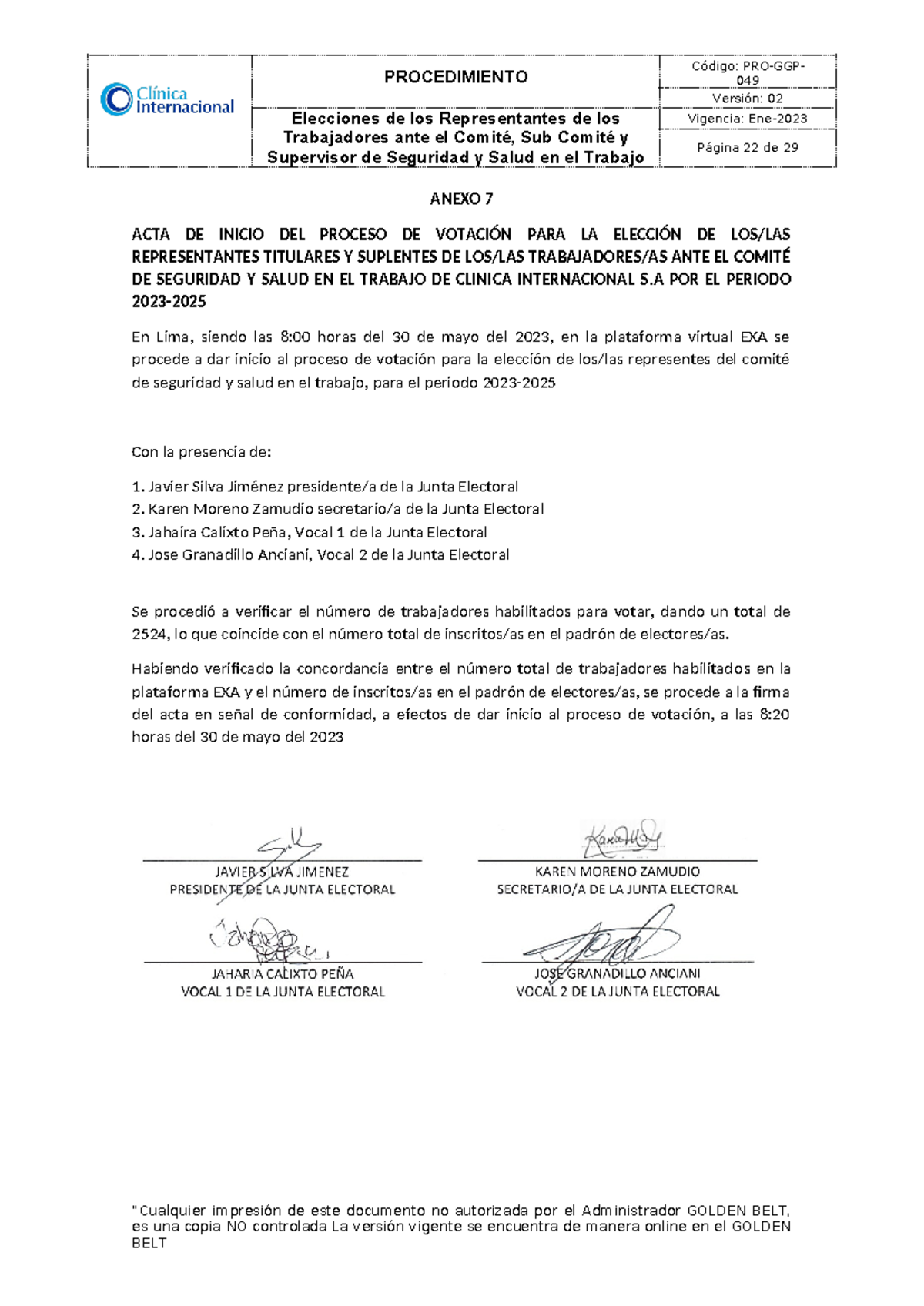 Anexo 07 ACTA DE Inicio DEL Proceso DE Votación - PROCEDIMIENTO Código ...