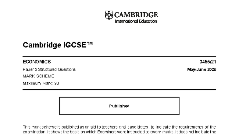 Cambridge IGCSE ECONOMICS Paper 2 Mark Scheme 2025 - Studocu
