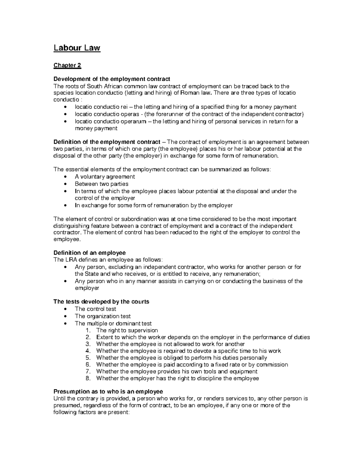 MRL3702 - Labour Law Summary: Employment Contract Essentials - Studocu