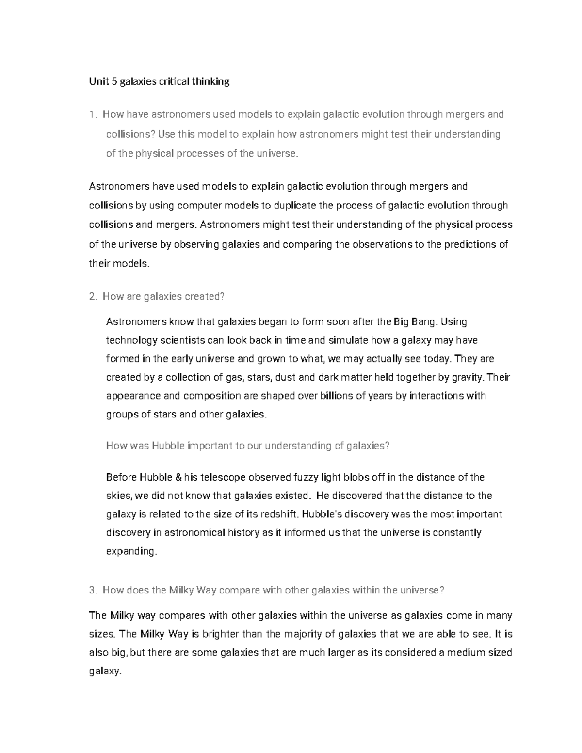 Unit 5 Critical Thinking on Galaxies: Evolution and Comparisons - Studocu