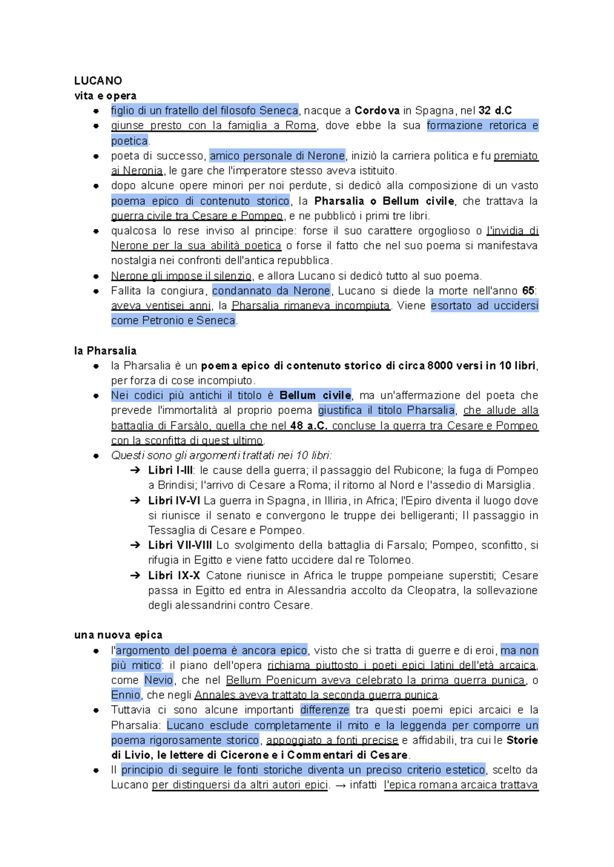 Lucano: Vita, Opera e Analisi della Pharsalia - Approfondito - Studocu