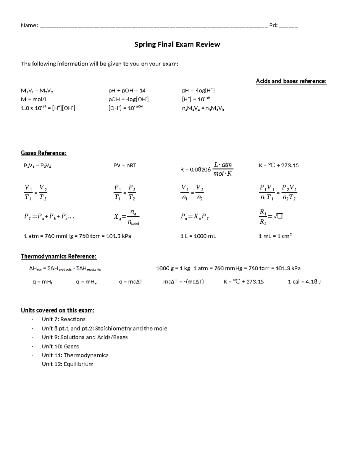 2025 Spring CHEM Final Exam Review: Key Concepts & Formulas - Studocu