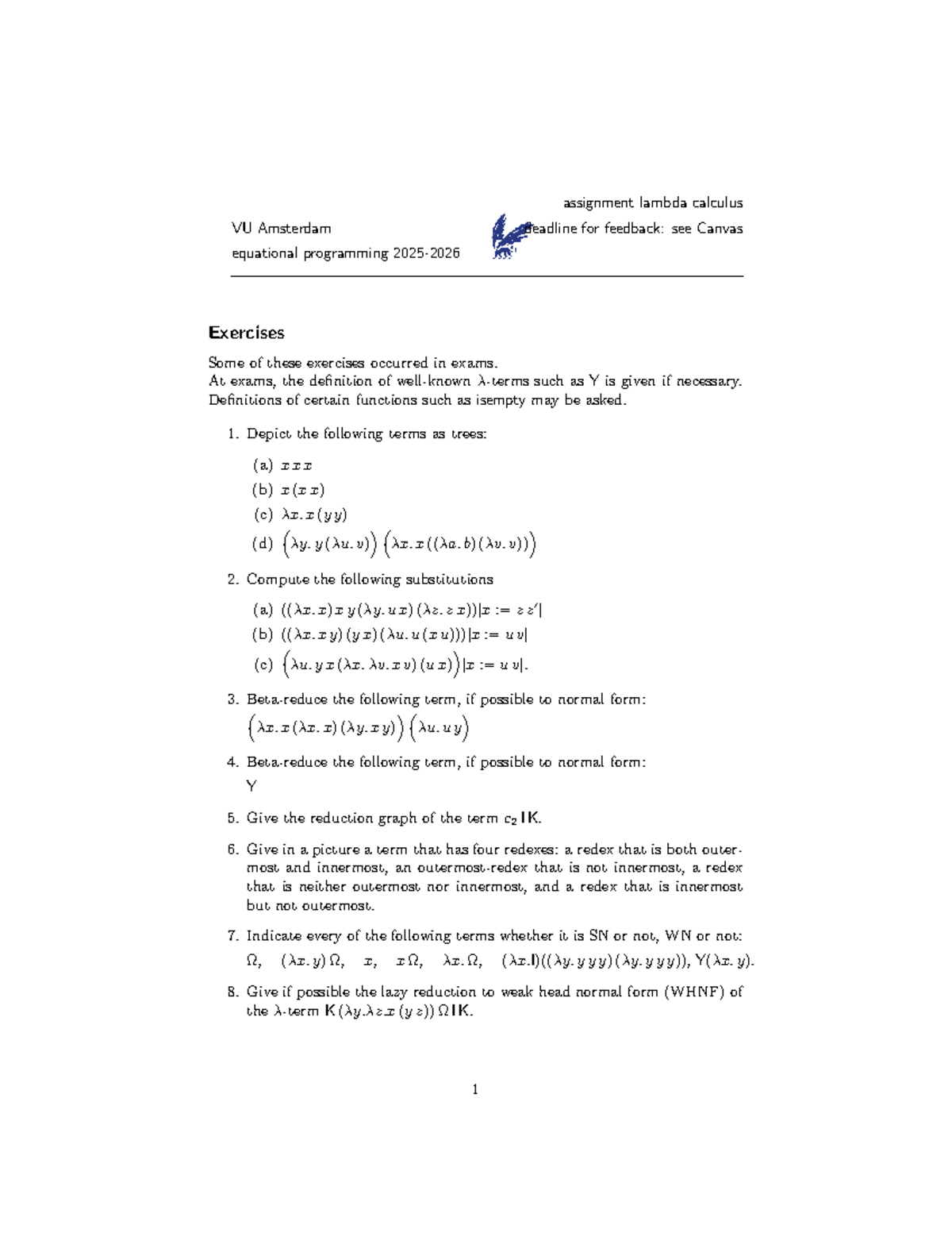 Assignment: Lambda Calculus Exercises VU Amsterdam - Studocu