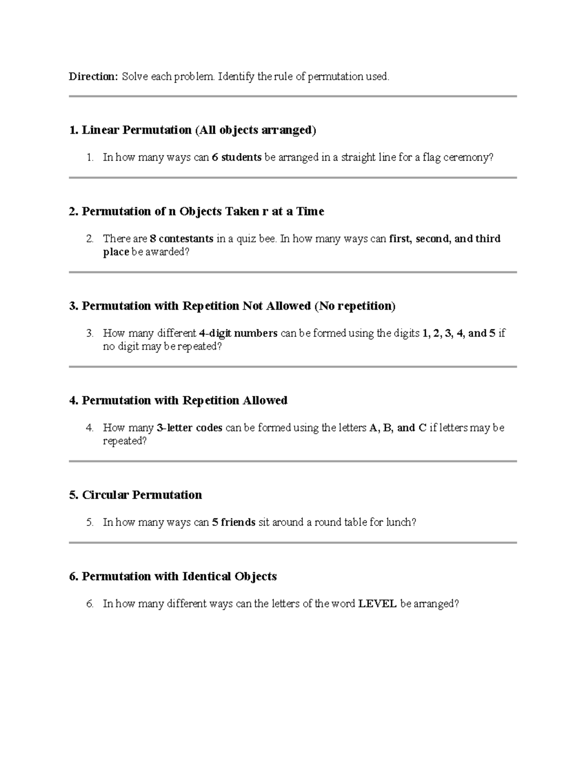 Quiz - Permutation Problems and Solutions (Linear Permutation) - Studocu