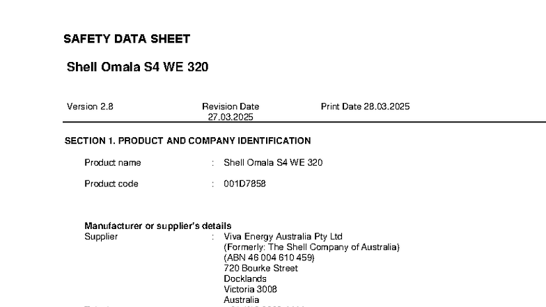 AU SAFETY DATA SHEET Shell Omala S4 WE 320 - Version 2.8 - Studocu