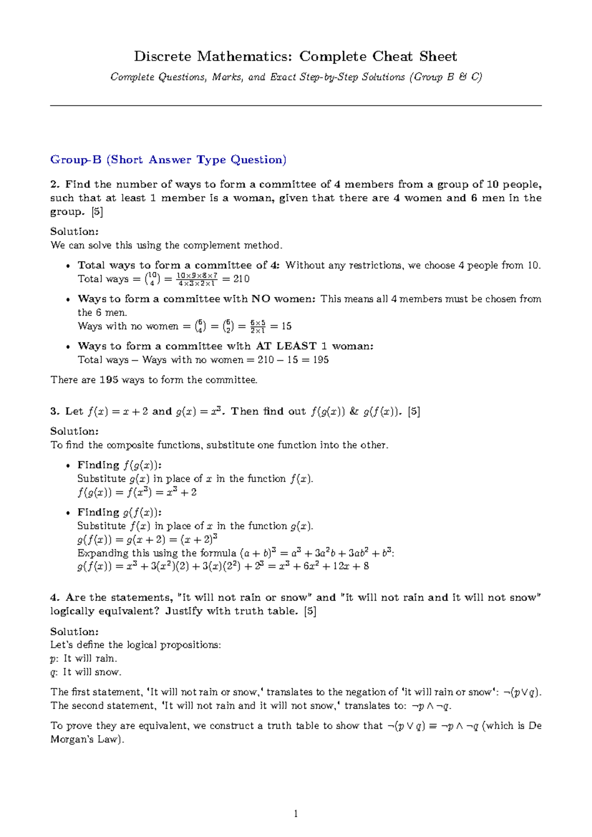 Complete Discrete Math Cheat Sheet (Group B C) - Key Concepts ...