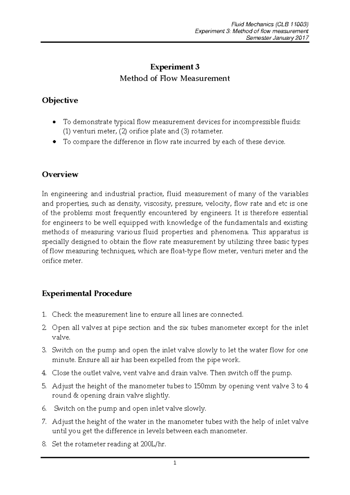 EXP 3 - Experiment 3: Method of flow measurement Semester January 2017 ...