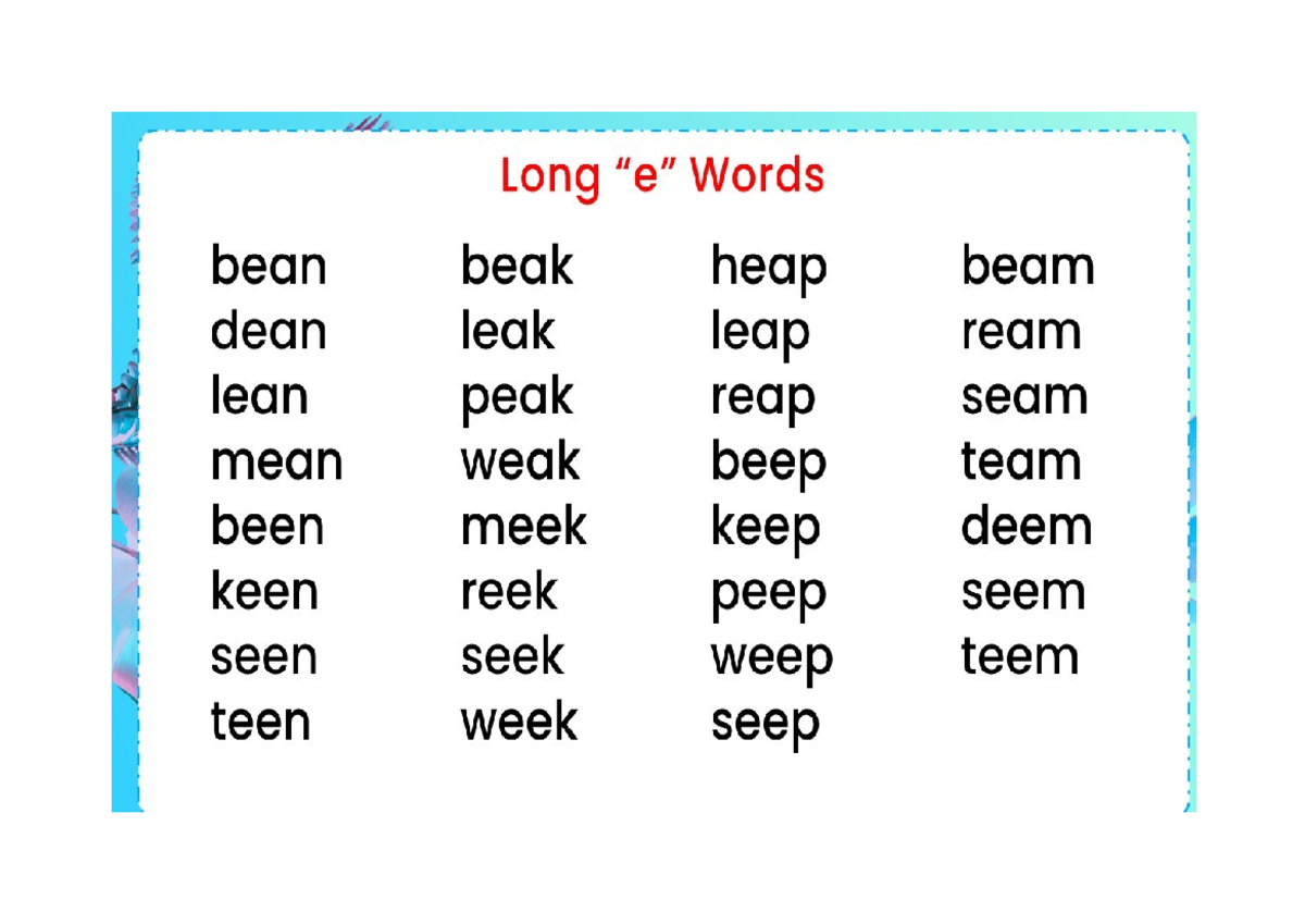 CVVC Long E Words - English Lesson Notes - Studocu