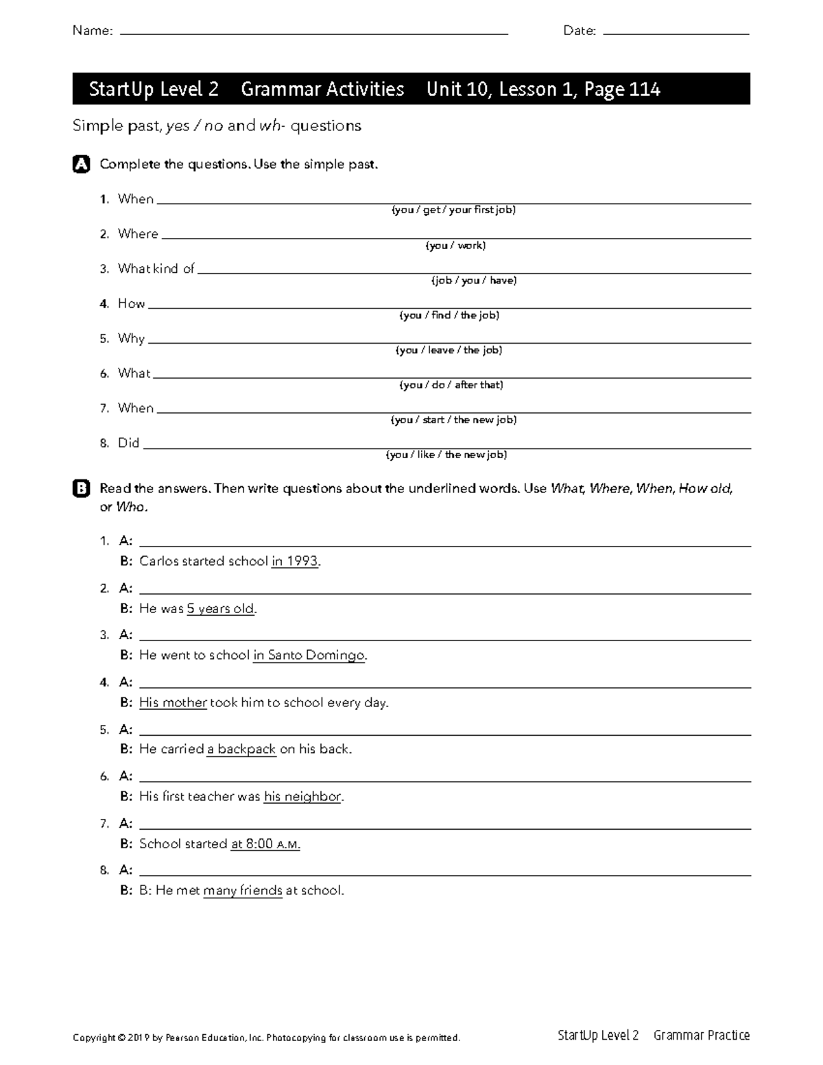StartUp Level 2 Grammar Activities: Unit 10, Lesson 1 - Studocu