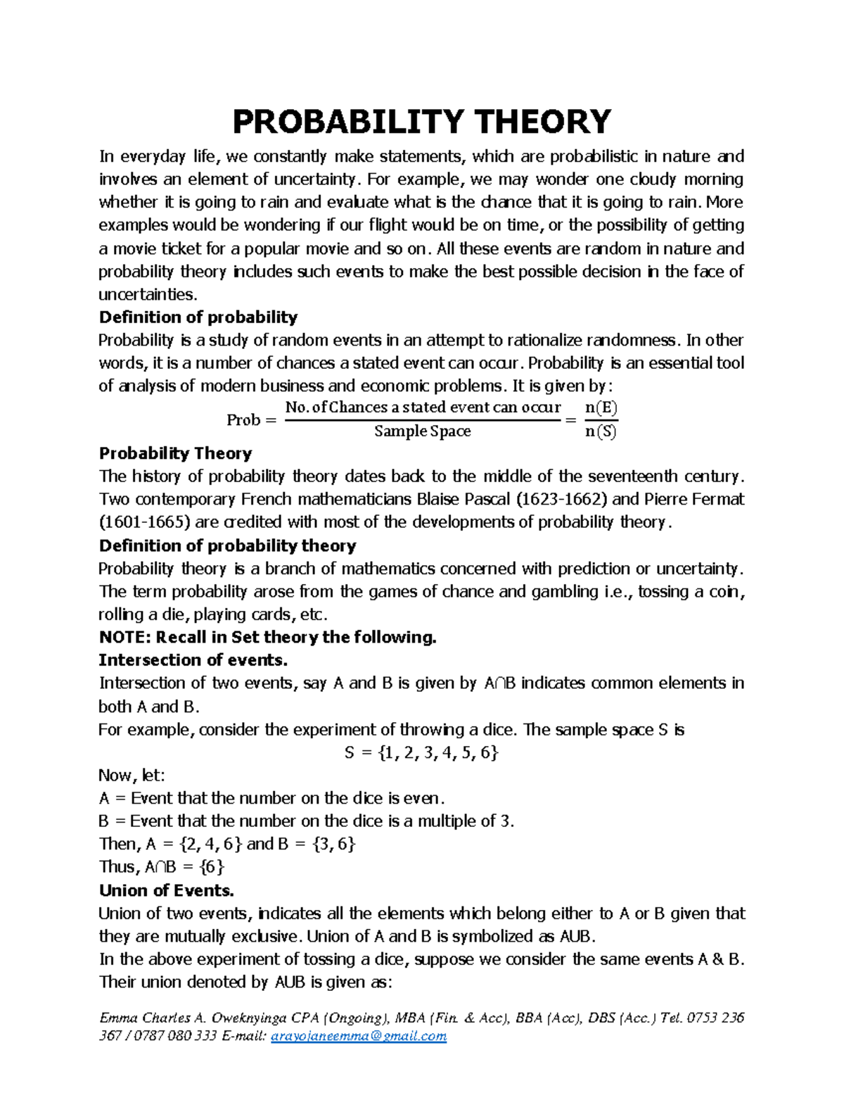 Probability Theory - Comprehensive Notes for CPA 101 - Studocu
