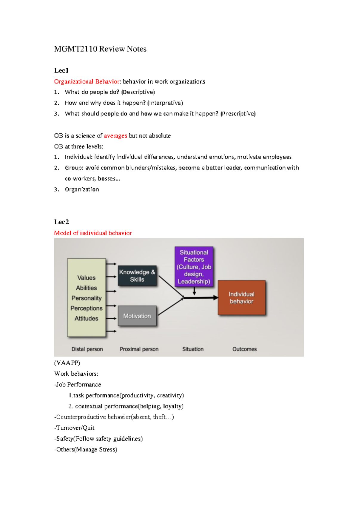 MGMT2110 Final Exam Review Notes on Organizational Behavior - Studocu