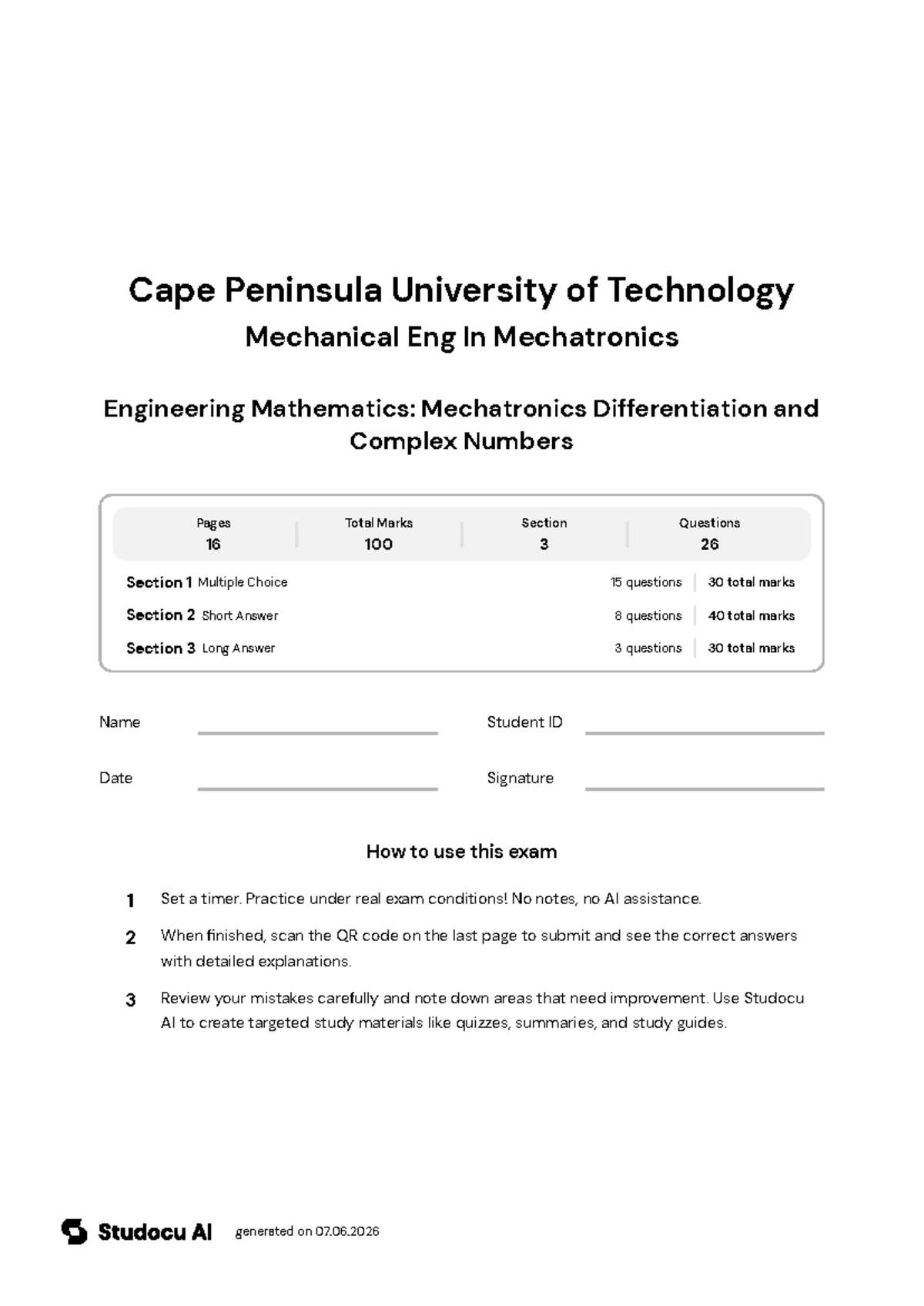 Final Exam: Engineering Mathematics - Mechatronics - Studocu