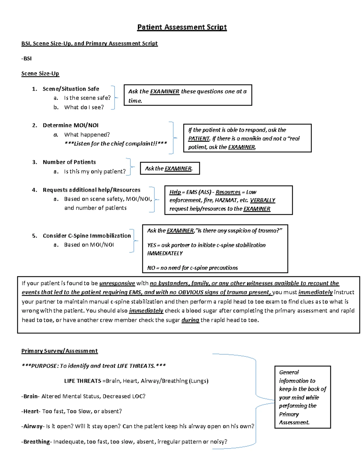 Full Patient Assessment Script - Patient Assessment Script BSI, Scene ...