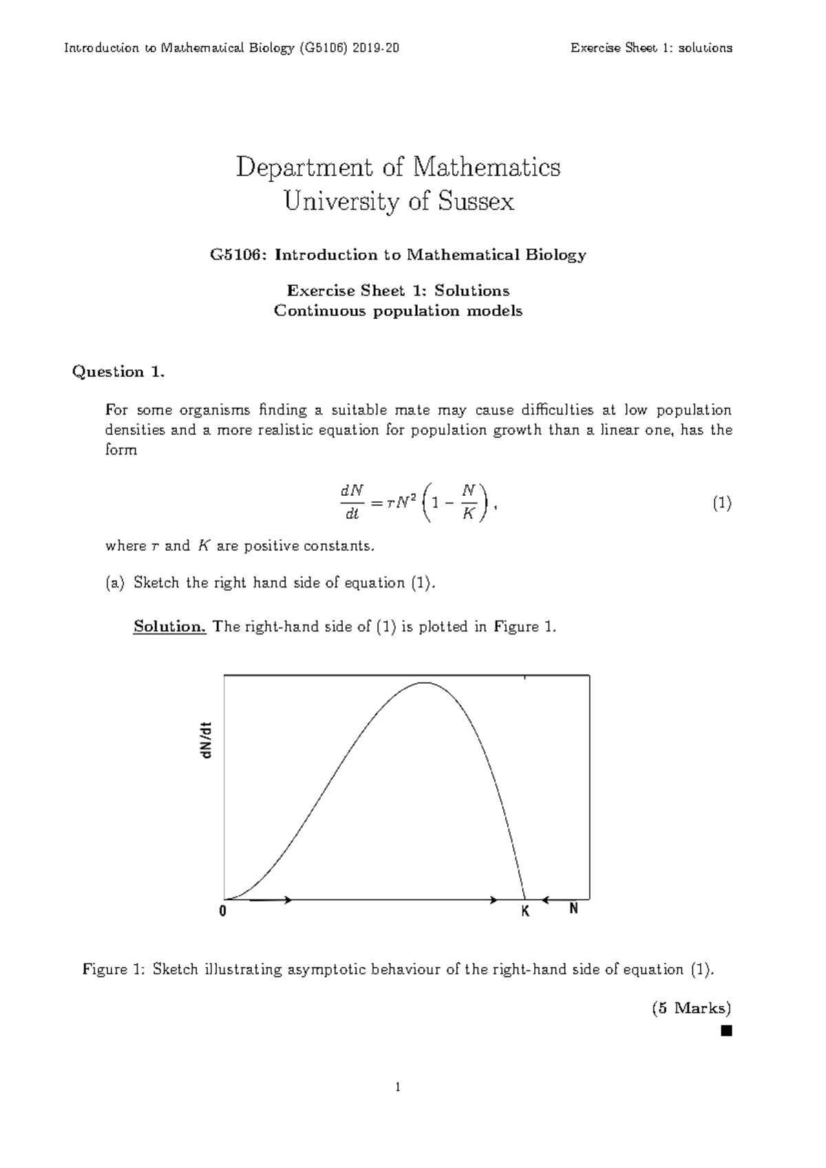 G5106: Intro to Mathematical Biology - Exercise Sheet 1 Solutions - Studocu