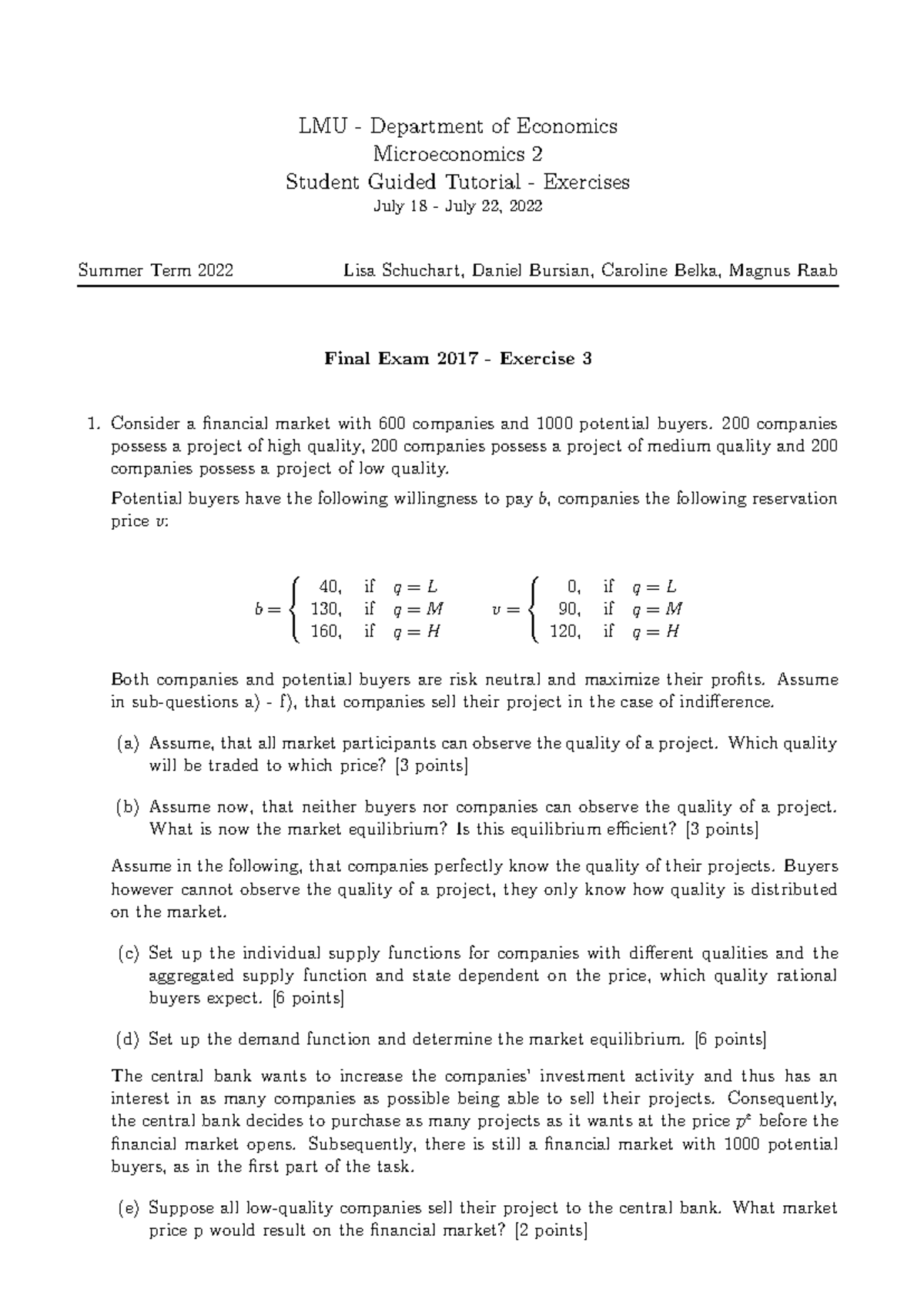 LMU Economics Microeconomics 2 Final Exam Tutorial Exercises 2022 - Studocu