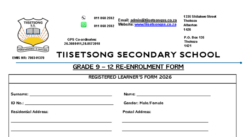 Re-Enrolment Form for Grade 9 - TiiSetsong Secondary School 2026 - Studocu