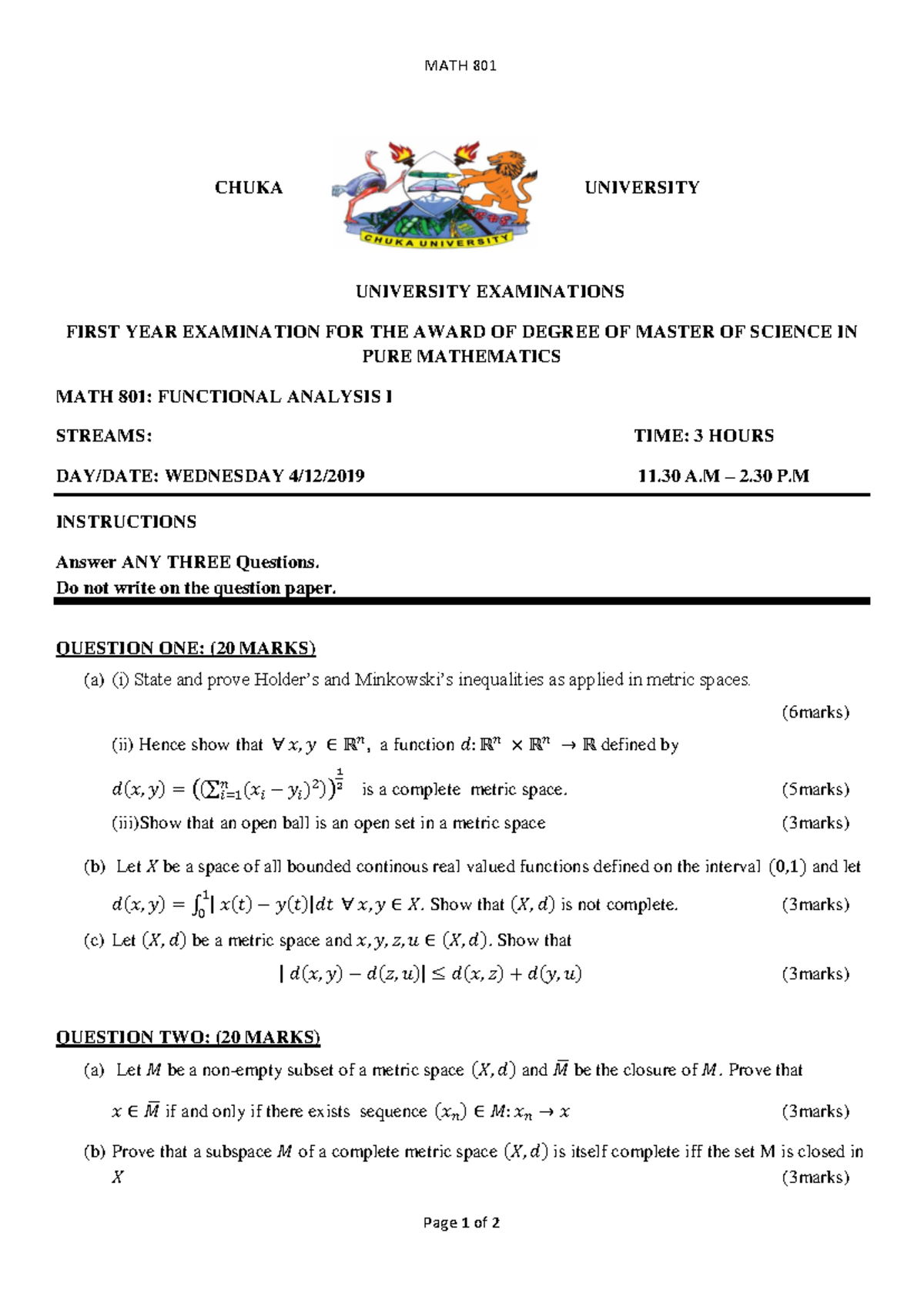 MATH 801 - Revision papers - MATH 801 Page 1 of 2 CHUKA UNIVERSITY ...