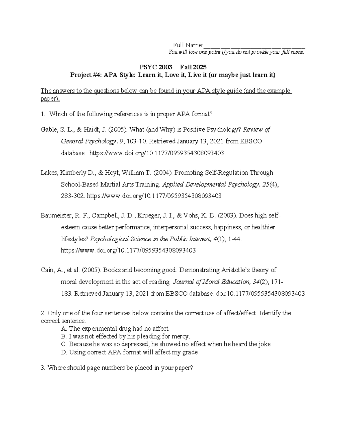 PSYC 2003 Fall 2025 Project: Mastering APA Style Essentials - Studocu