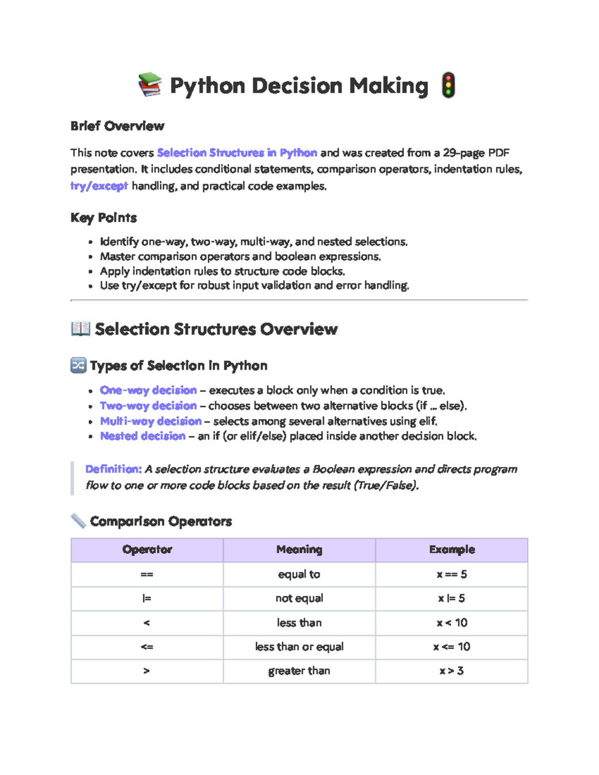 Unit4 Python Selection Structures: Decision Making Overview - Studocu