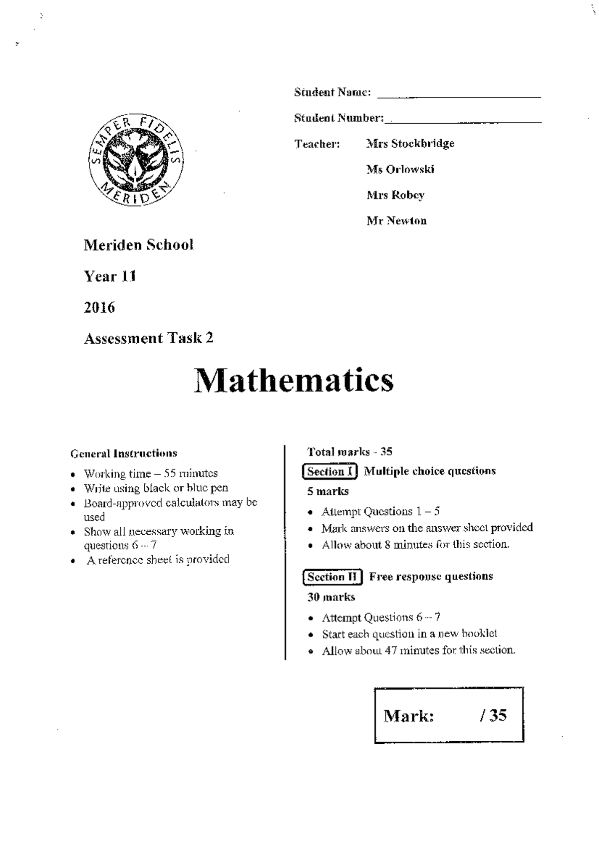 Task 2 maths 2016 - Assessment 2 - Student Name: Student Number ...