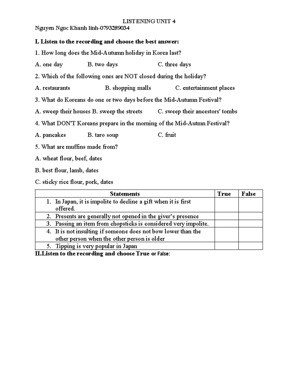 Nghe Unit 4 - Listening Review and Quiz - Studocu