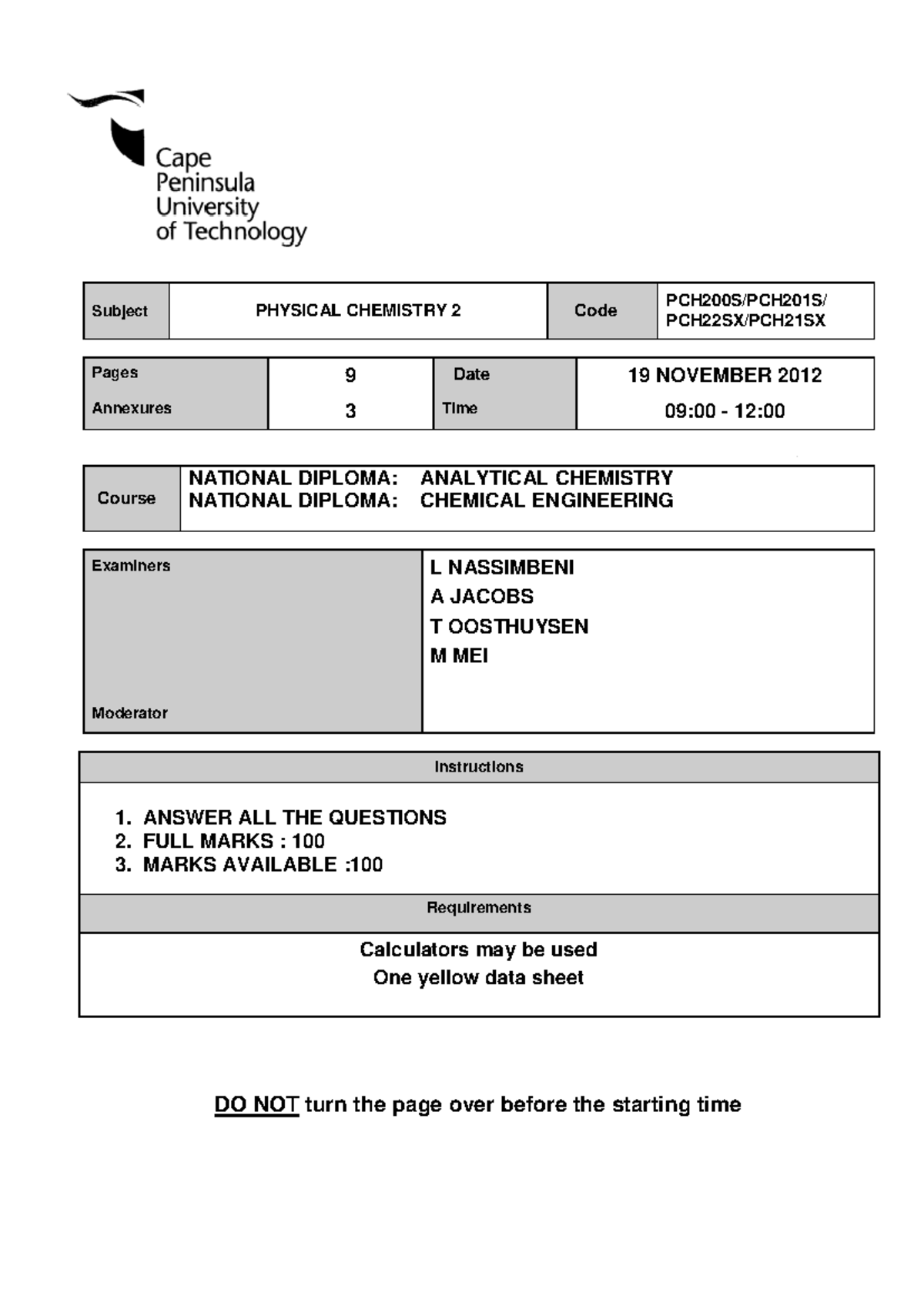 Phys ChemISTRY EXAM 2012 17 September questions and answers - Subject ...