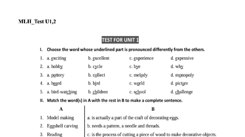 MLH Test U1,2 - Pronunciation and Sentence Completion Exercises - Studocu