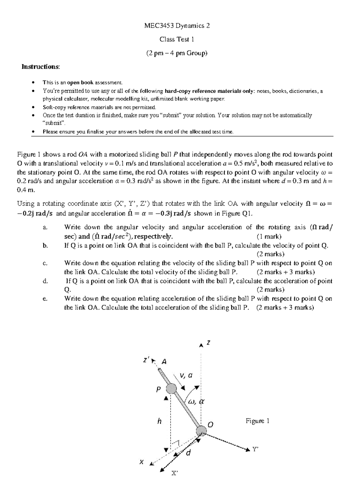 MEC3453 Dynamics 2 Class Test 1 Instructions and Guidelines - Studocu