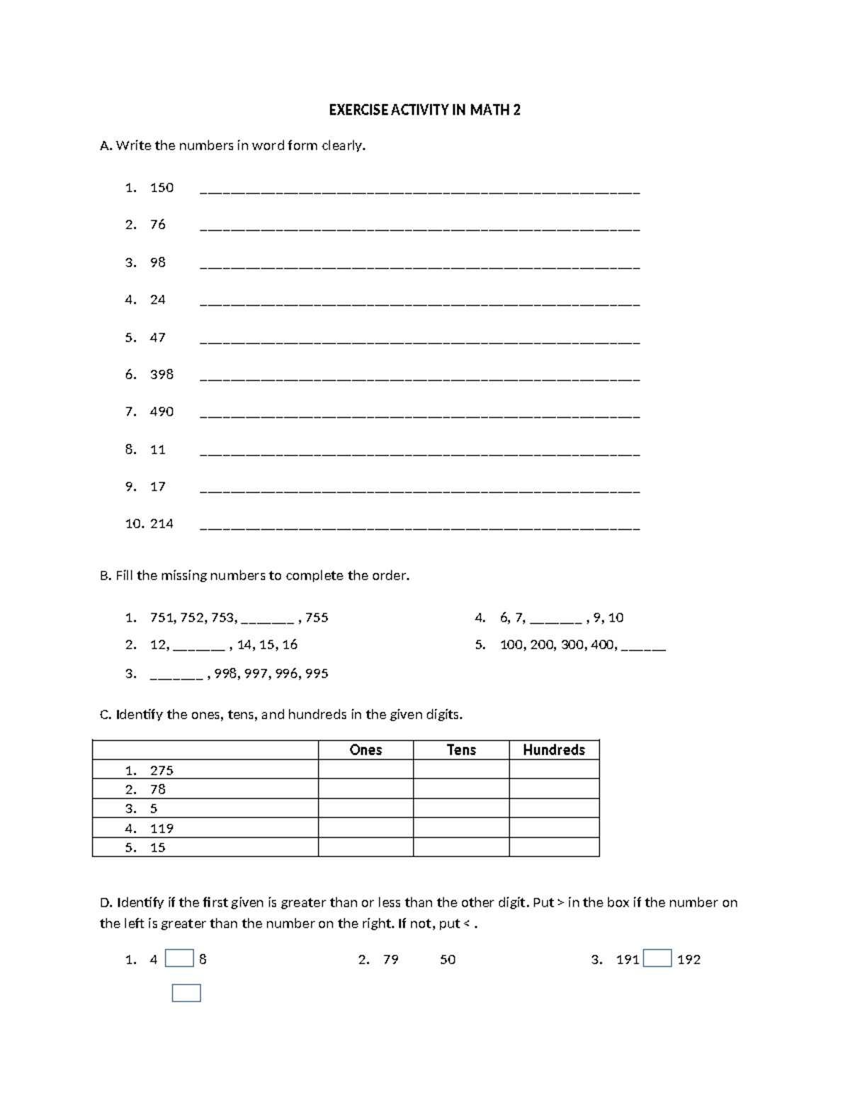 Exercise Activity IN MATH 2 - EXERCISE ACTIVITY IN MATH 2 A. Write the ...