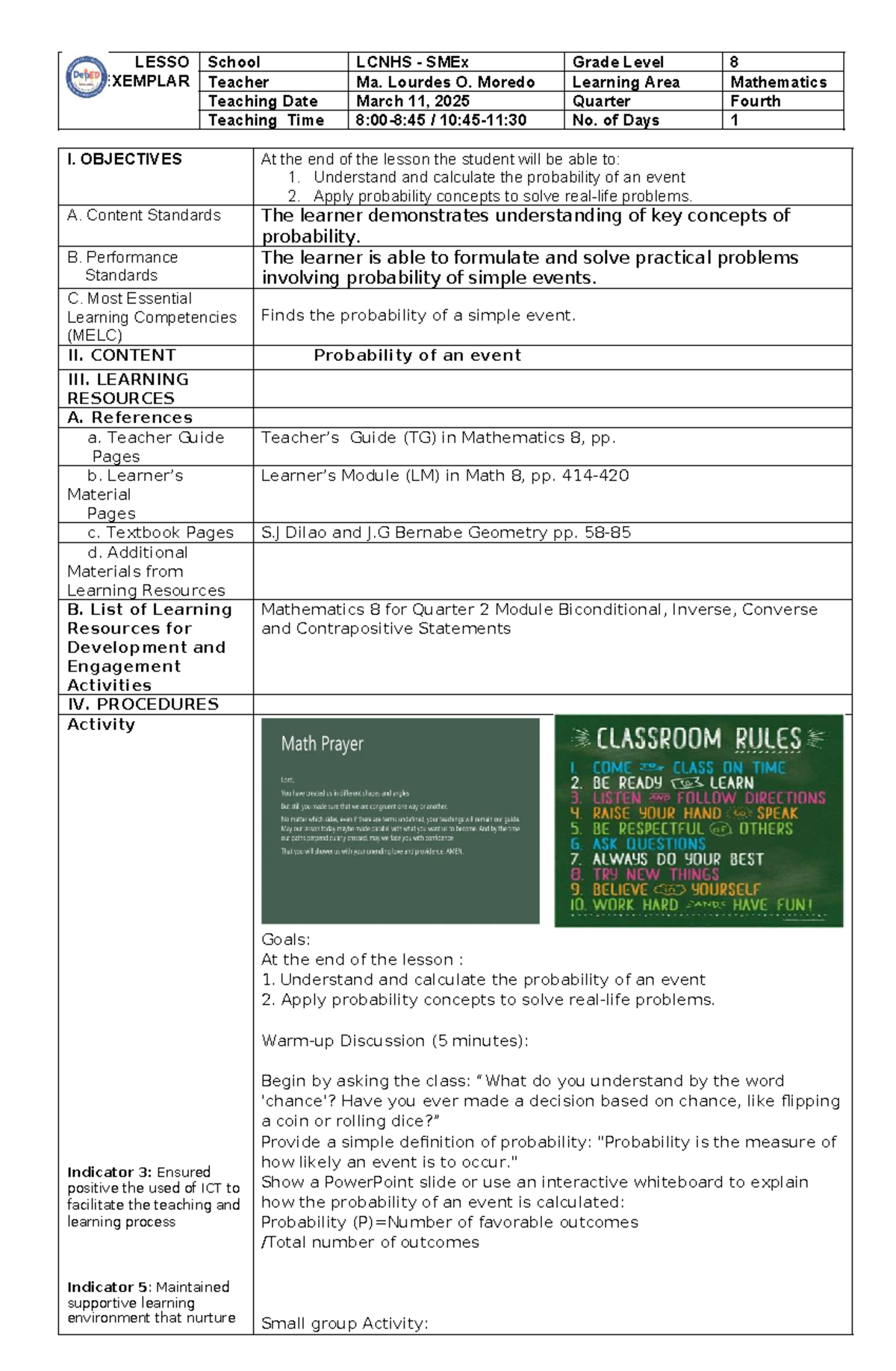 Lesson Plan: Probability of Events in Math 8 (Quarter 1) - Studocu