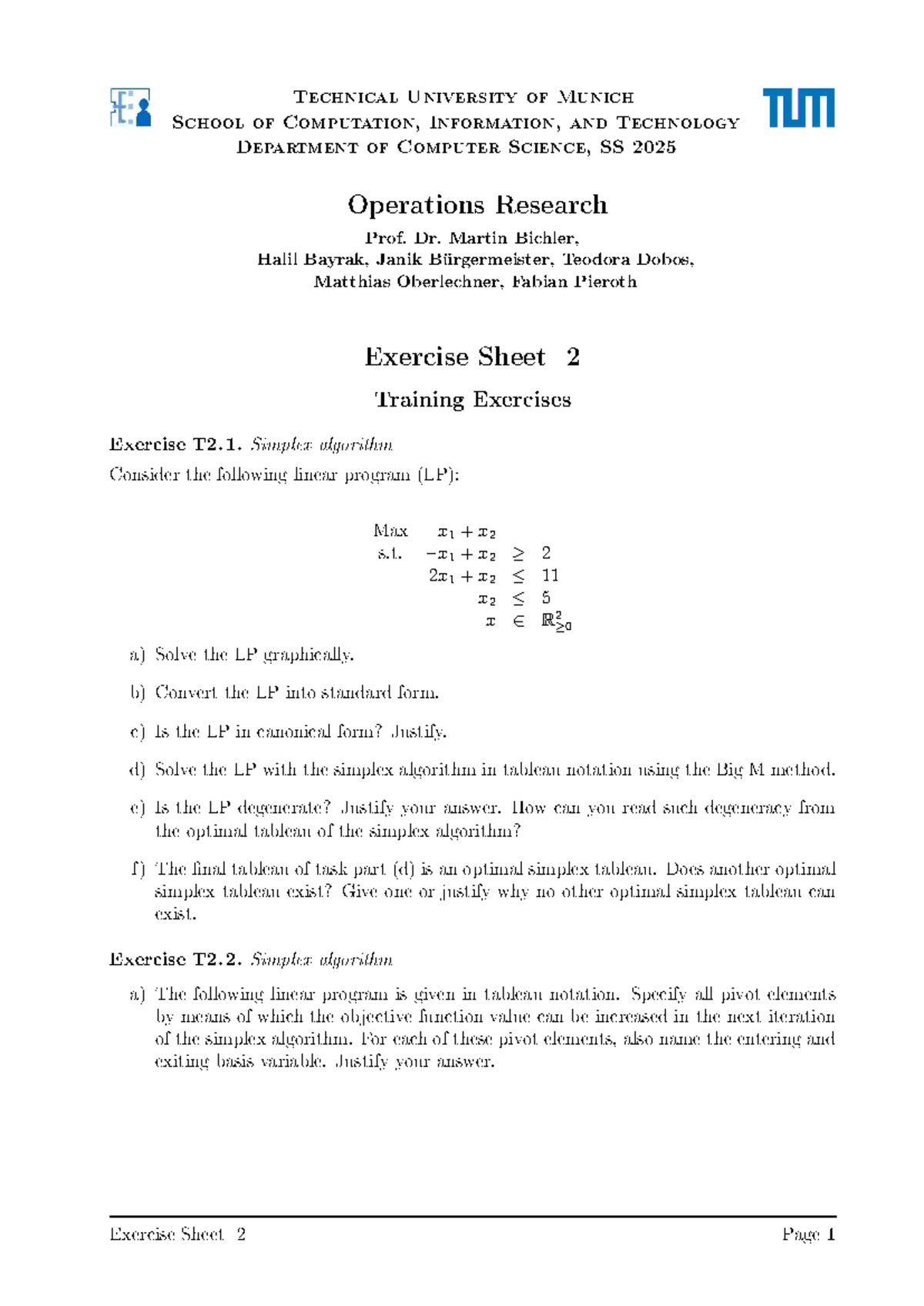 Operations Research SS 2025 - Exercise Sheet 2: Simplex Algorithm - Studocu
