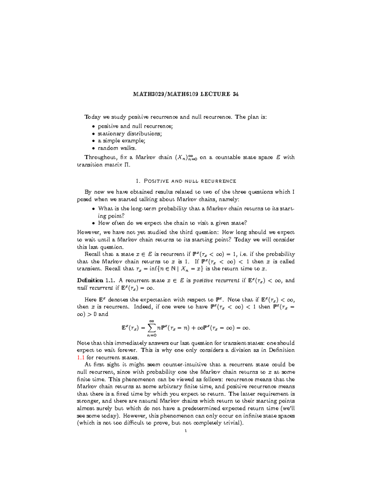 LECTURE 34: Positive and Null Recurrence in Markov Chains - Studocu