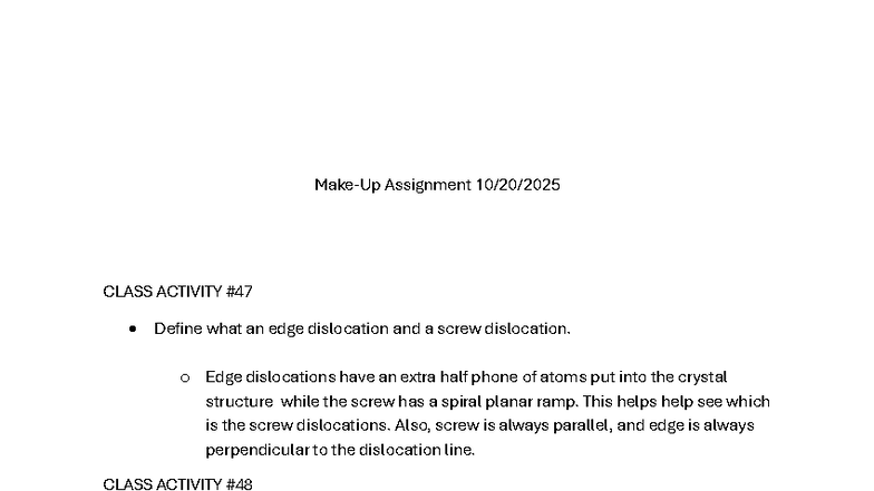 Assignment 10: Edge and Screw Dislocations Explained - Studocu