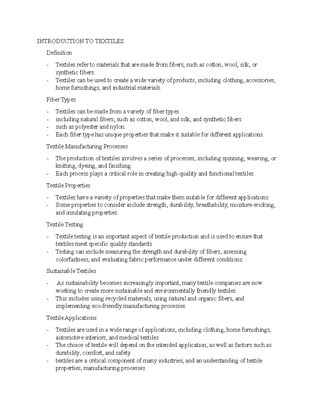 Introduction to Textiles Notes: Key Concepts and Processes - Studocu