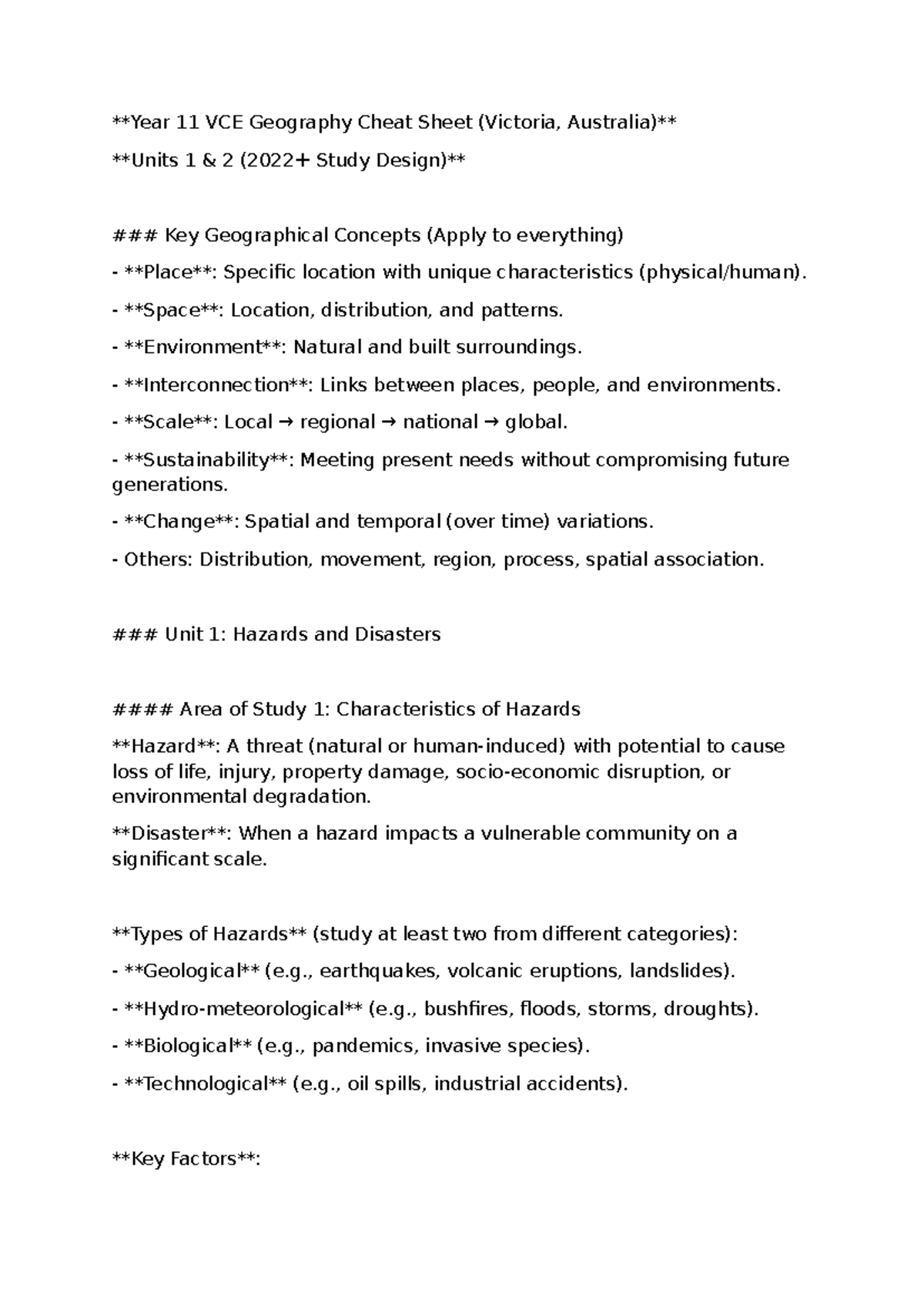 11 VCE Geography Cheat Sheet: Key Concepts & Hazards Overview - Studocu