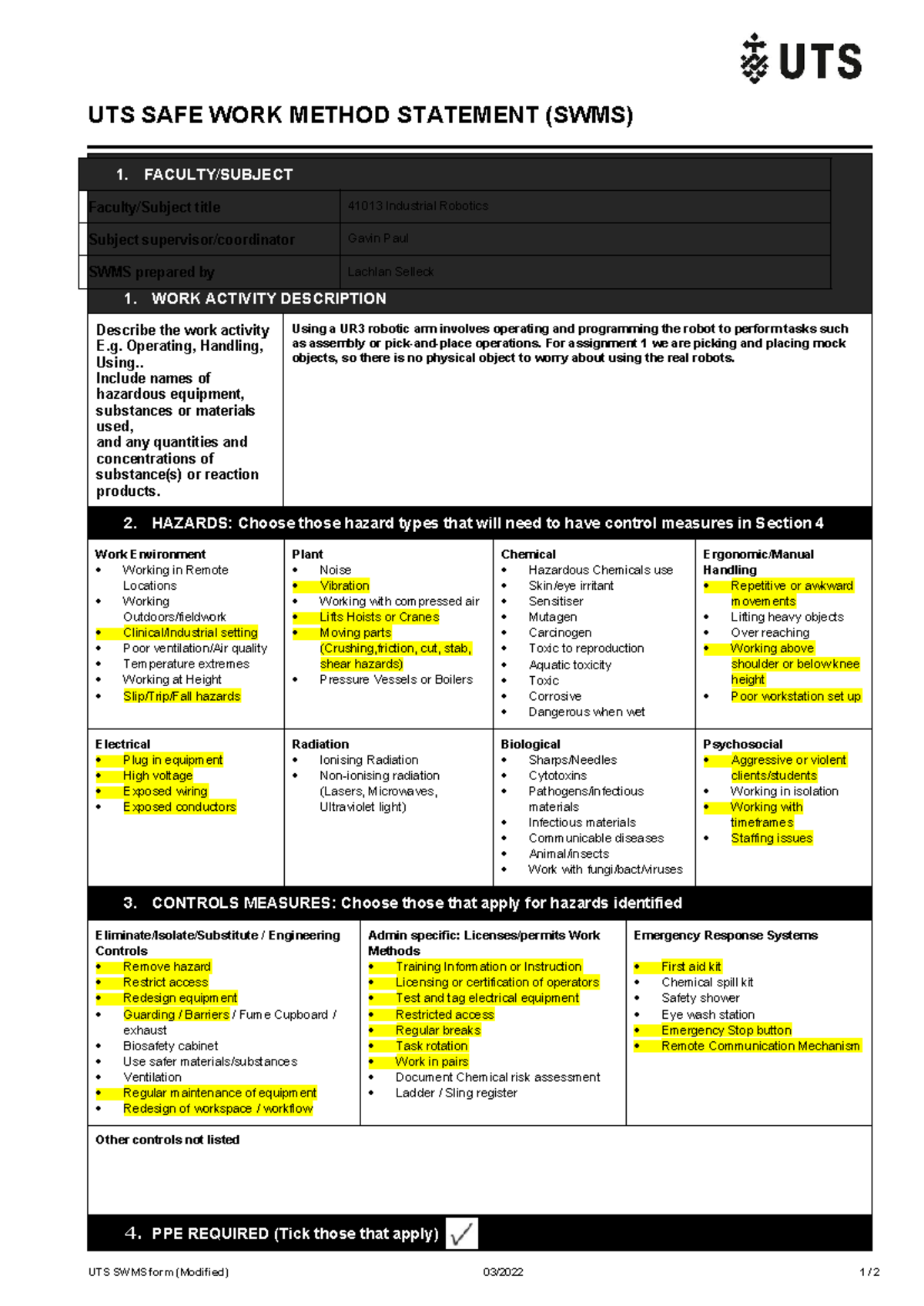 UTS SWMS Completed - UTS SAFE WORK METHOD STATEMENT (SWMS) 1. WORK ...