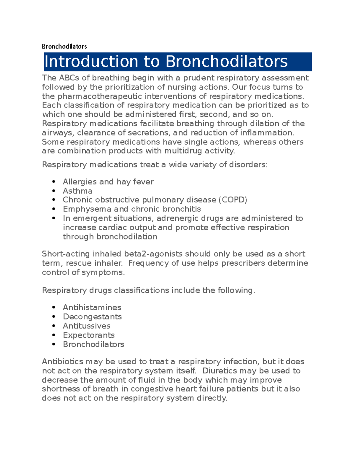 Bronchodilators: Comprehensive Overview and Medication Guide - Studocu