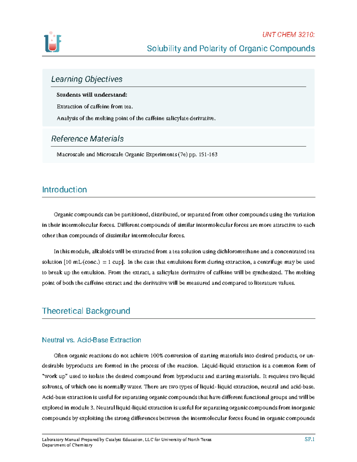 UNT CHEM 3210: Solubility & Polarity of Organic Compounds Lab Manual ...