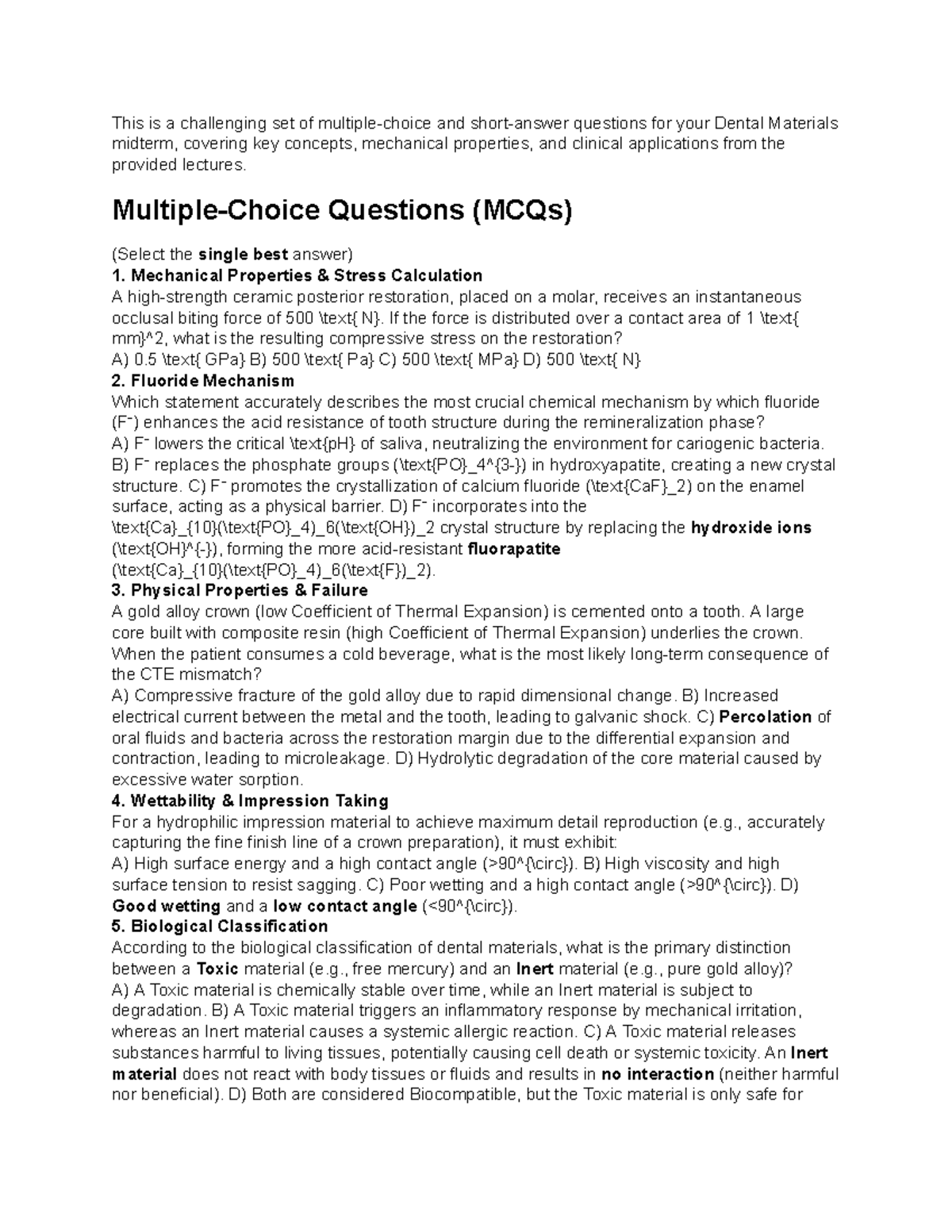 Dental Materials Midterm Exam Questions and Answers (DM 101) - Studocu