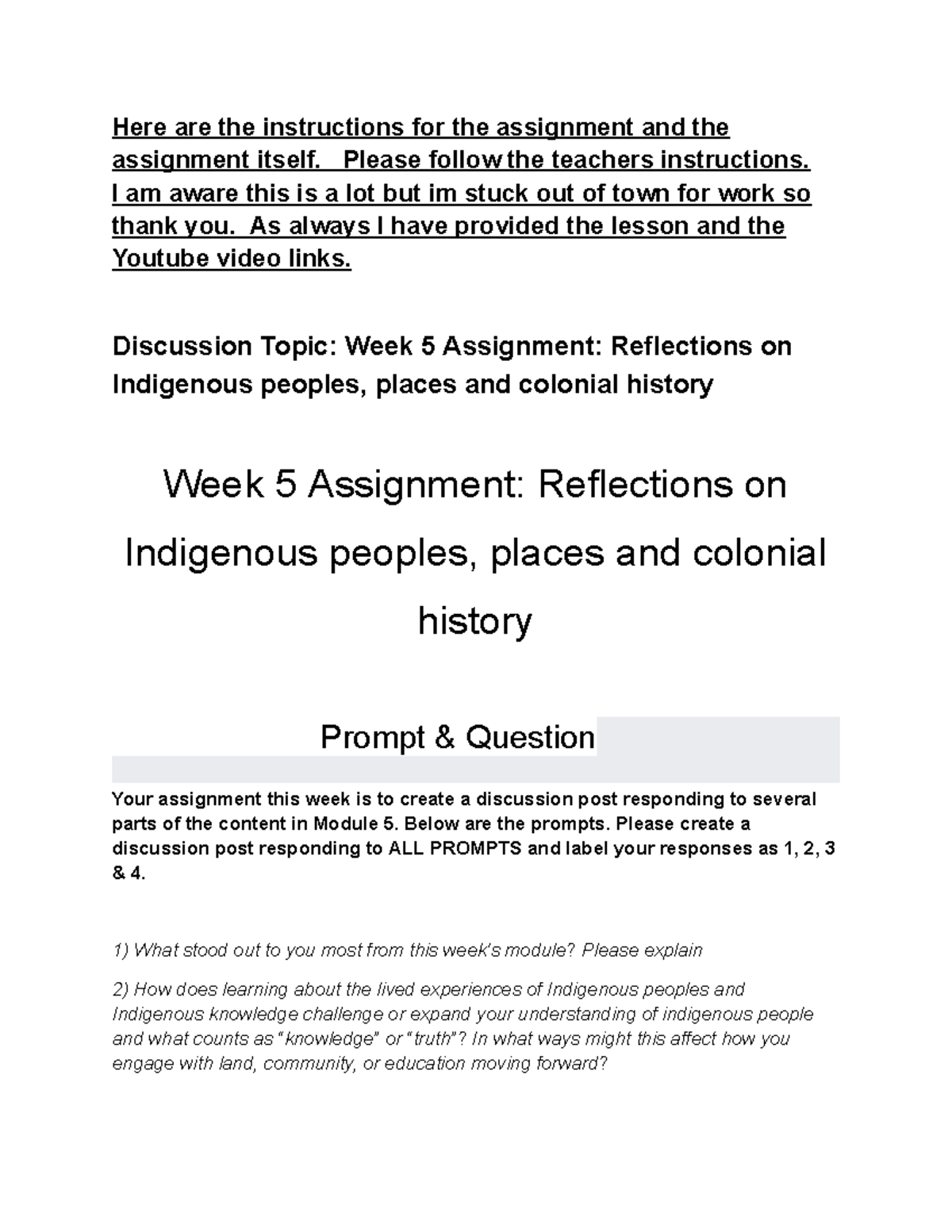 Week 5 Assignment: Reflections on Indigenous Peoples and Colonial ...